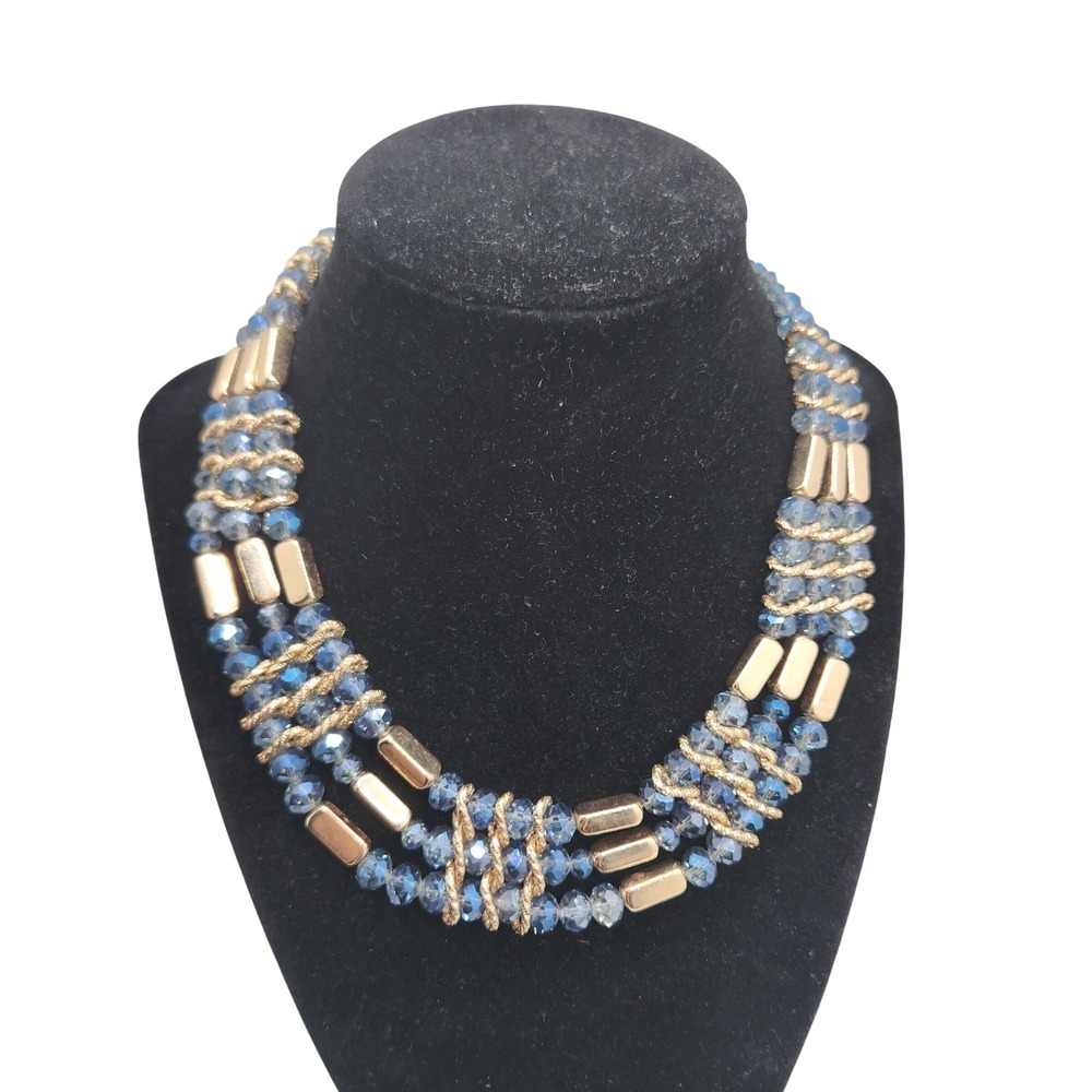 Blue AB Glass Bead Triple Strand Statement Necklace Golden Metal Accents 15-18"